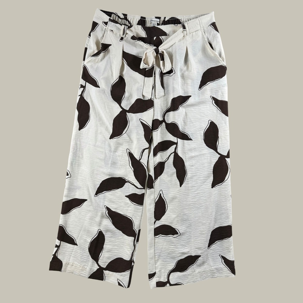 Jules & Leopold Crop Pants Women XL White Brown Leaf Print Wide Leg Summer Boho
